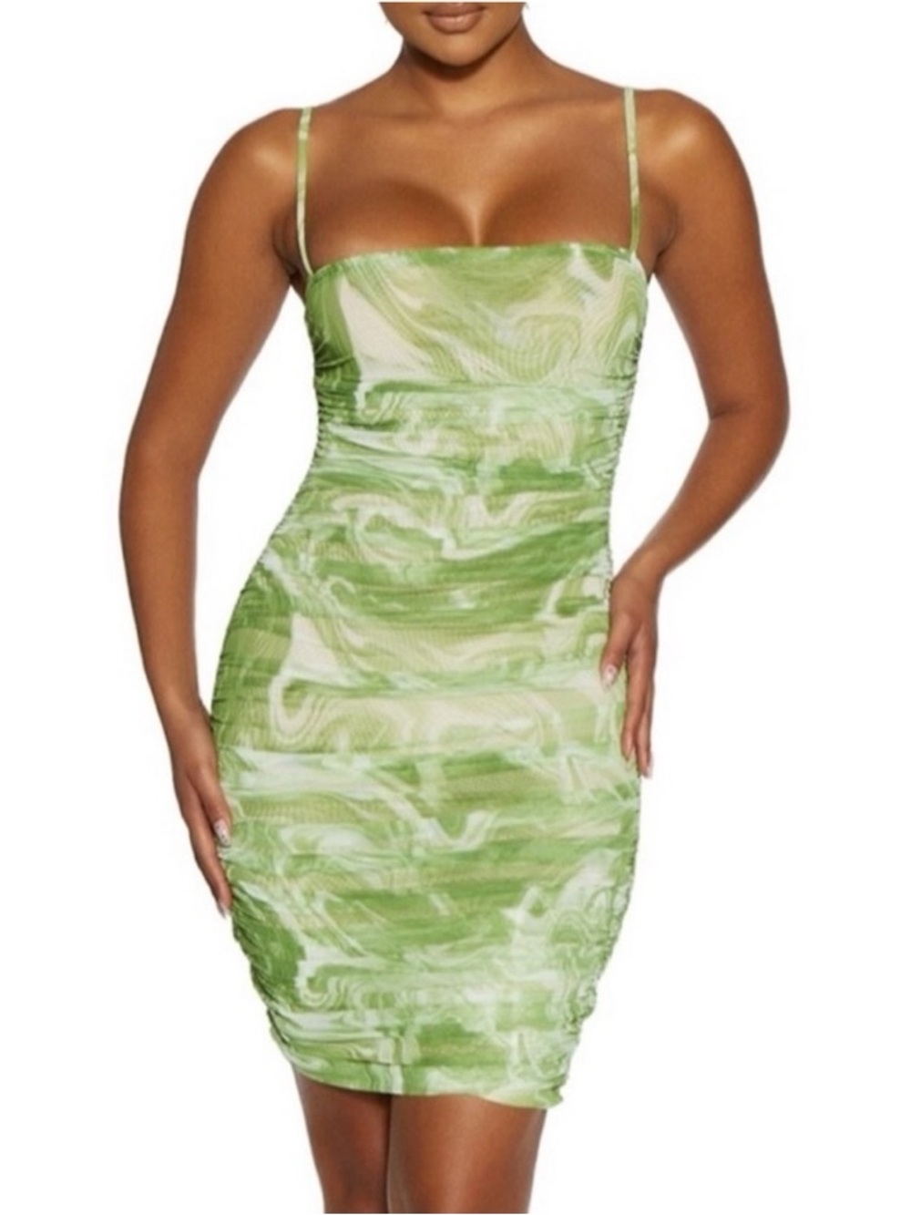 naked wardrobe Green Marble-Print Ruched Slip Mini Dress